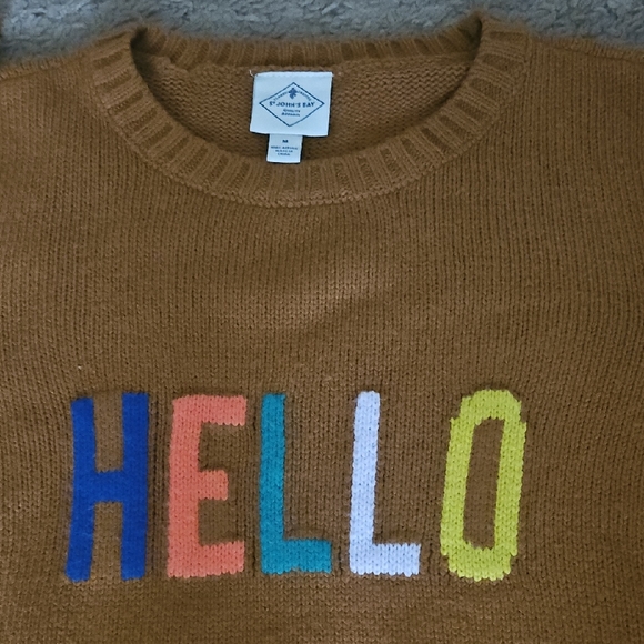 St. John's Bay Tan Sweater with Multicolor 'HELLO' Design - Picture 3 of 6